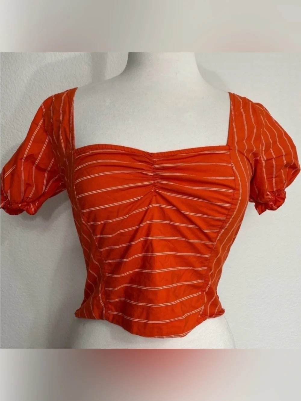 Free People Womens Orange White Stripe Puff Sleeve Smock Blouse Size Medium Boho